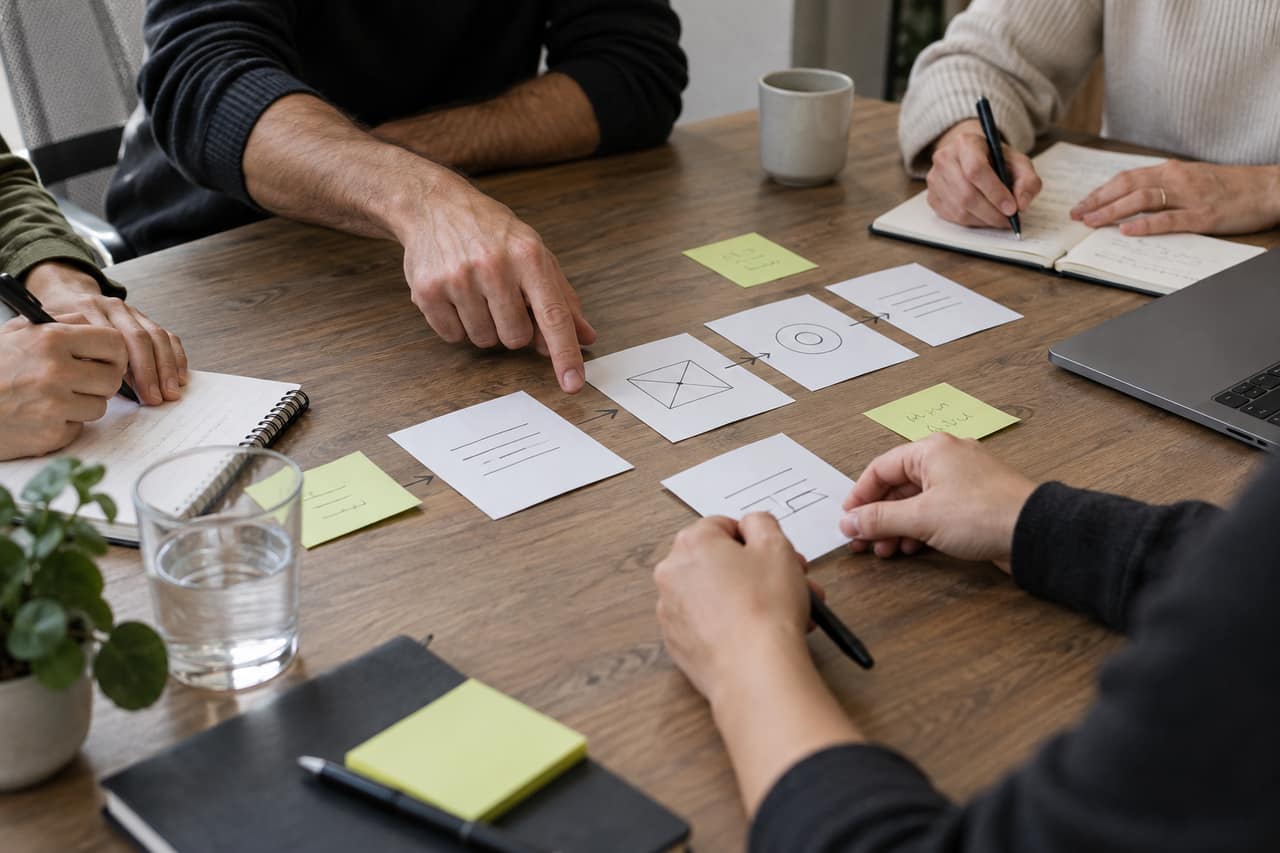 Des personnes organisent des supports de communication autour d’une table, sans donnée client visible.