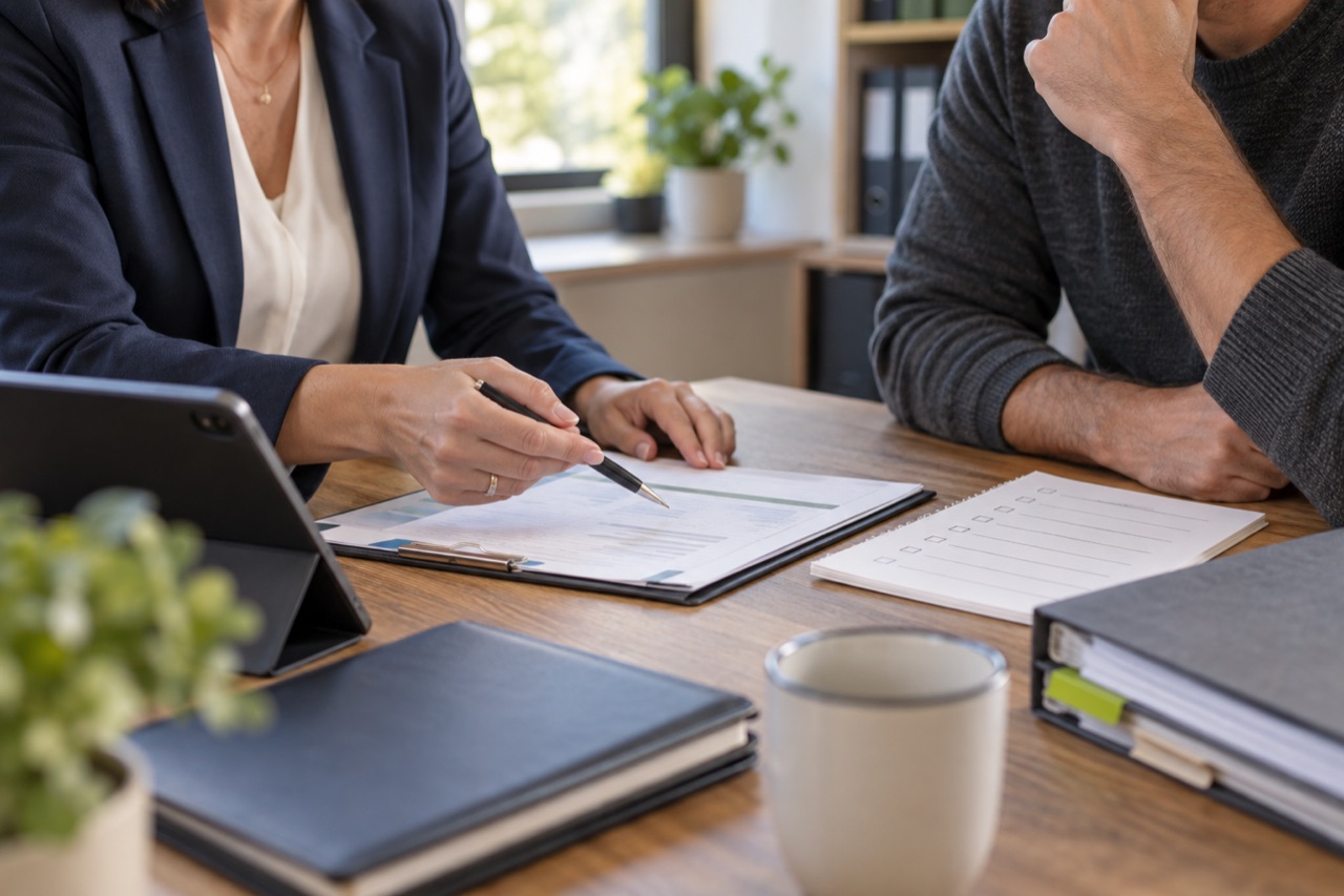 Une conseillère examine un dossier professionnel avec un dirigeant, sans information identifiable.