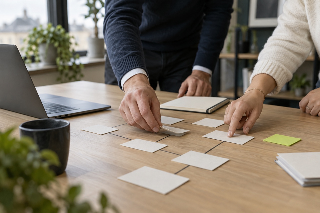 Des personnes cartographient un processus avec des cartes vierges, sans identité ni donnée client visible.