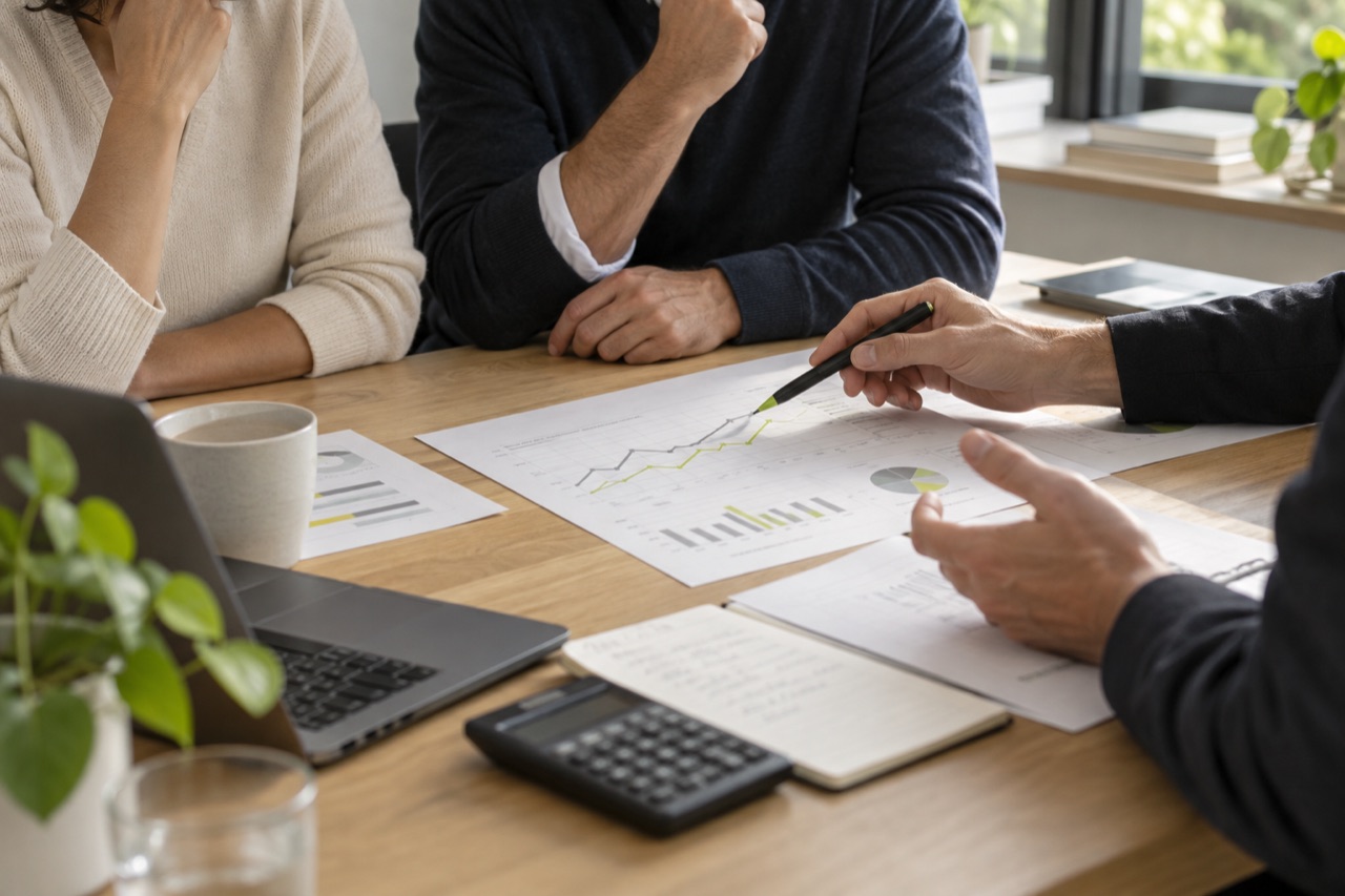 Des dirigeants examinent ensemble une courbe et plusieurs scénarios financiers fictifs.