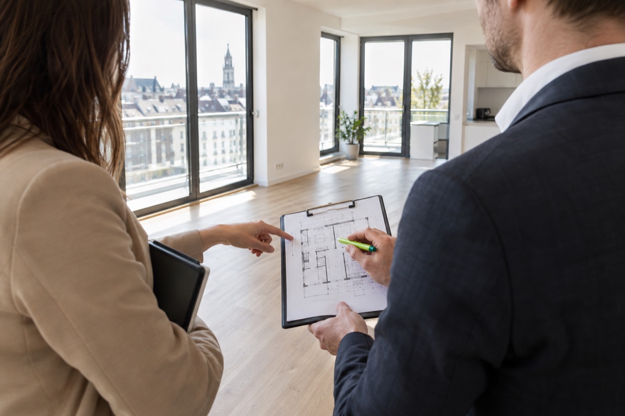 Deux professionnels examinent un plan pendant la visite d’un appartement lumineux.